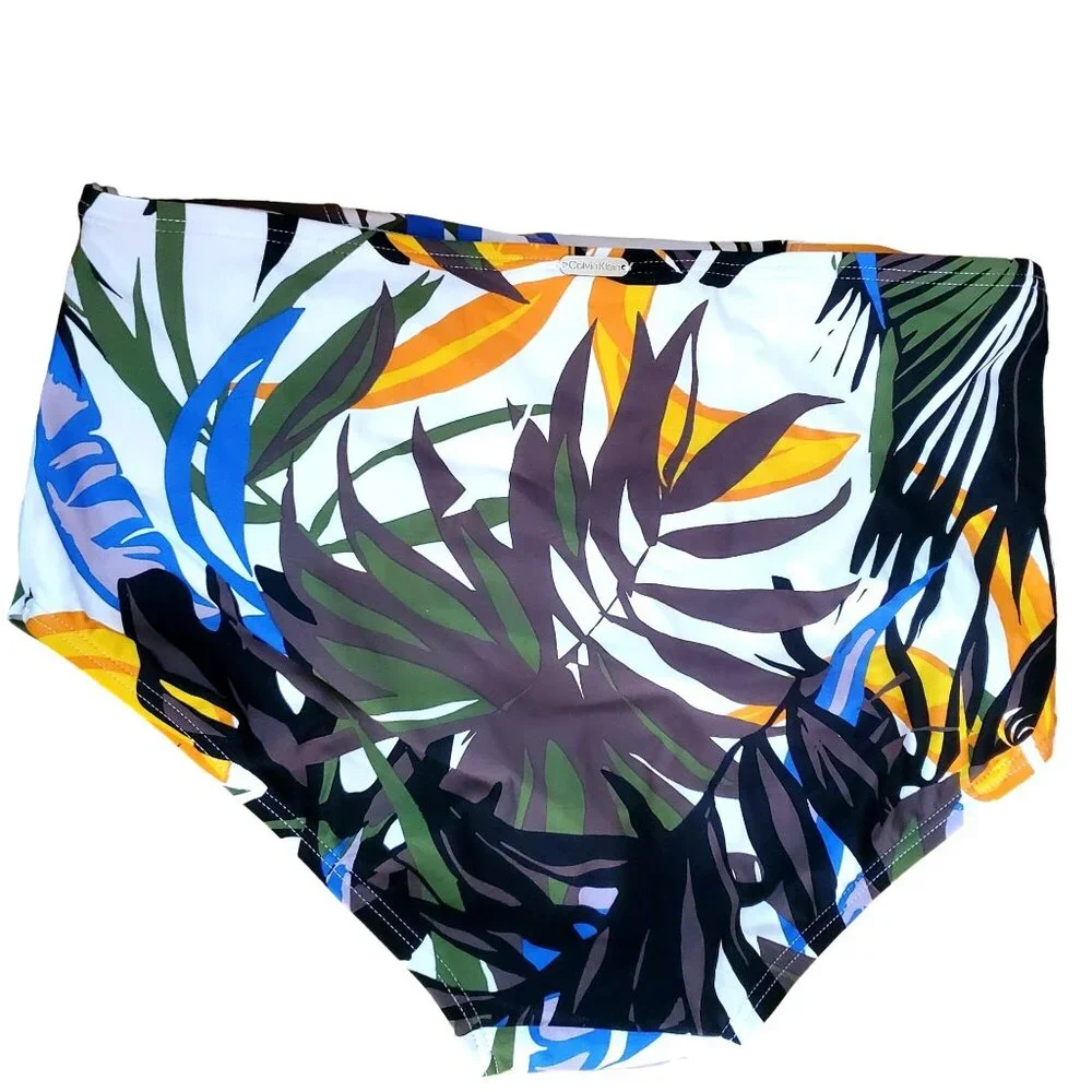 New Calvin Klein Med Bikini Bottom Rainforest Palm Pleated High-Rise Swimsuit